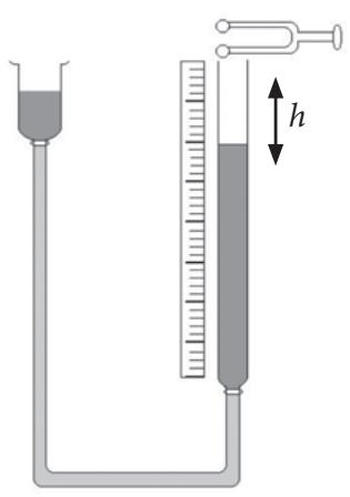 Aparato experimental con un tubo de resonancia, agua y un diapasón para medir la velocidad del sonido.