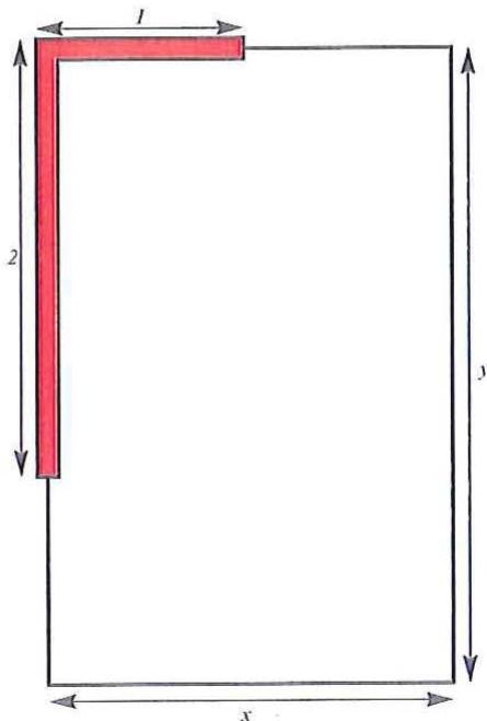 Esquema de un gallinero rectangular apoyado en dos muros perpendiculares de 1m y 2m, con dimensiones totales x e y.