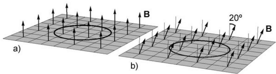 Espira circular en campo magnético: a) perpendicular, b) inclinado 20 grados