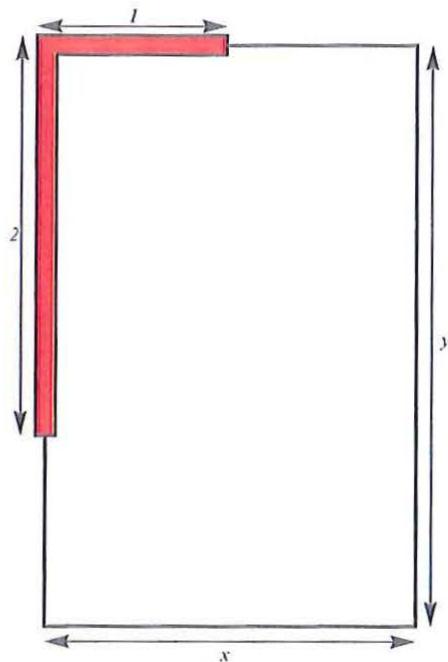 Esquema de un gallinero rectangular apoyado en dos muros perpendiculares de 1m y 2m, con dimensiones totales x e y.