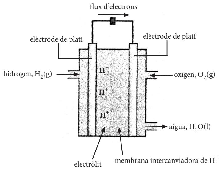 Esquema de una pila de combustible de electrolito polimérico con entradas de hidrógeno y oxígeno, salida de agua y membrana de intercambio de protones.