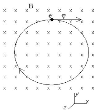 Trayectoria circular de una carga negativa en un campo magnético uniforme entrante al plano.
