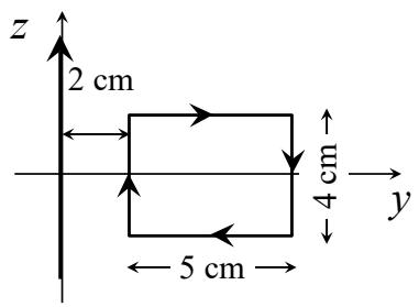 Diagrama de un conductor rectilíneo en el eje z y una espira rectangular de 4 cm por 5 cm en el plano zy, situada a 2 cm del eje.