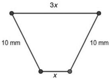 Diagrama de un trapecio isósceles con base inferior x, base superior 3x y lados laterales de 10 mm.