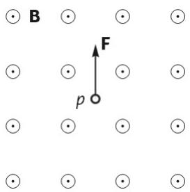 Campo magnético uniforme saliente (puntos) con un protón p y un vector fuerza F hacia arriba.