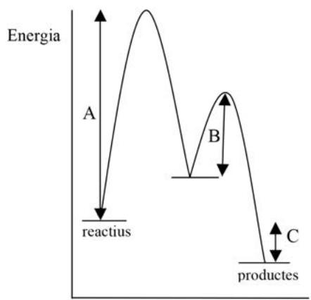 Diagrama de energía frente a coordenada de reacción (Figura 2) mostrando un perfil con dos picos, donde el primer pico es más alto que el segundo.