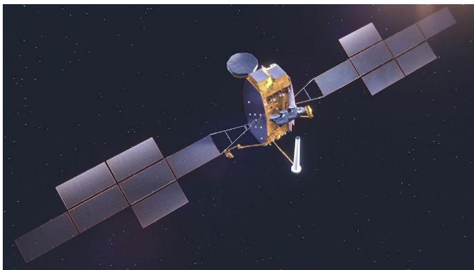 Ilustración del satélite SpainSat NG I en el espacio con sus paneles solares desplegados.