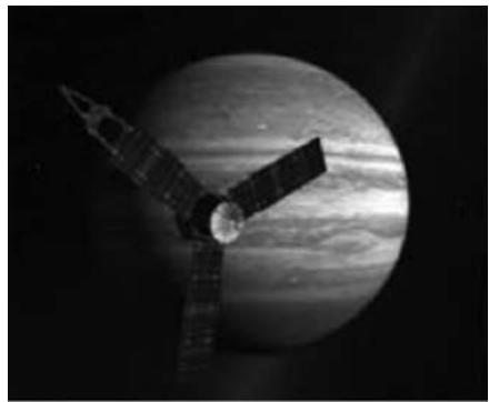Imagen artística de la sonda Juno orbitando el planeta Júpiter.
