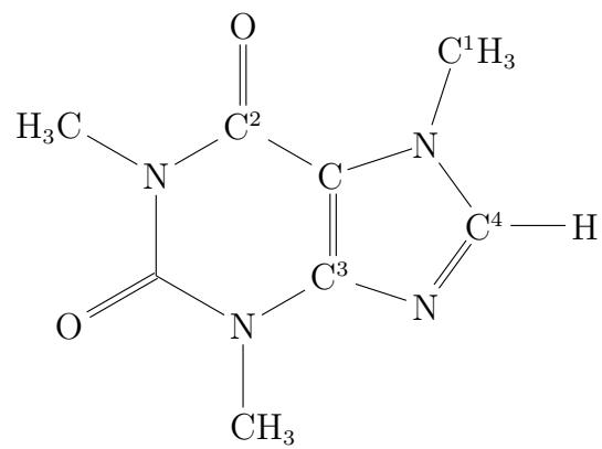 Fórmula estructural desarrollada de la cafeína con carbonos numerados C1 a C4