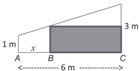 Croquis de una pared de buhardilla con un armario rectangular sombreado. Se indican dimensiones de 1 m y 3 m de altura, una base total de 6 m y un segmento AB de longitud x.