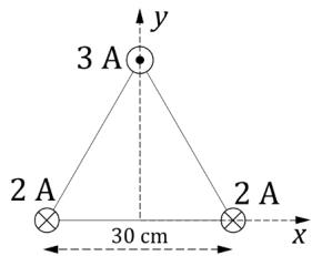 Diagrama de tres hilos conductores en los vértices de un triángulo equilátero de lado 30 cm. Dos hilos en la base tienen corrientes de 2 A (entrantes) y el hilo superior tiene una corriente de 3 A (saliente).