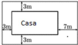 Plano de la Casa de la Juventud con márgenes de jardín: 3m en los lados superior, inferior e izquierdo, y 7m en el lado derecho.