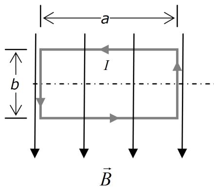 Espira rectangular de lados a y b en un campo magnético uniforme B con corriente I