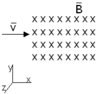 Núcleo penetrando en un campo magnético uniforme B dirigido hacia el interior del papel con ejes x, y, z indicados.