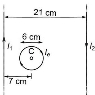 Configuración de dos hilos paralelos separados 21 cm con una espira de 6 cm de diámetro en medio