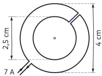 Dos espiras concéntricas con diámetros de 2,5 cm y 4 cm recorridas por una corriente de 7 A.