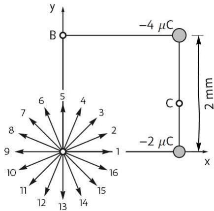 Diagrama de dos cargas negativas (-4 μC y -2 μC) en los vértices de un cuadrado de lado 2 mm, con vectores de campo eléctrico numerados del 1 al 16 en el origen.