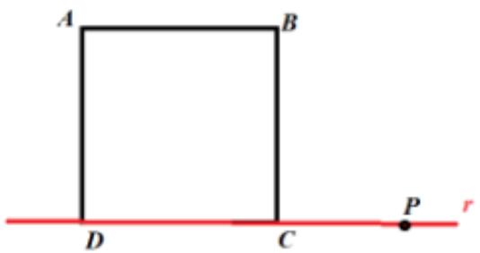 Diagrama de un cuadrado ABCD con el lado CD sobre una recta r que contiene al punto P.