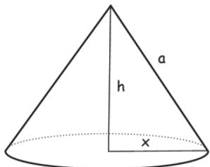 Diagrama de un cono con altura h, radio de la base x y arista a.