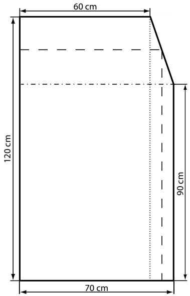 Diagrama de un cristal rectangular con una esquina cortada, indicando dimensiones de 120 cm de alto, 70 cm de ancho total, 60 cm de ancho superior y 90 cm de altura en el lado derecho.
