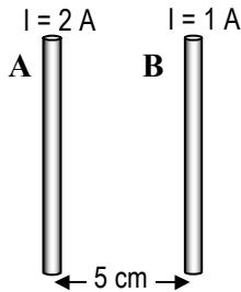 Figura 2: Dos conductores paralelos A y B separados 5 cm con corrientes de 2A y 1A