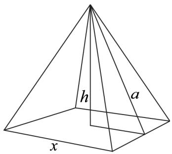 Diagrama de una pirámide de base cuadrada con lado x, altura h y apotema a.