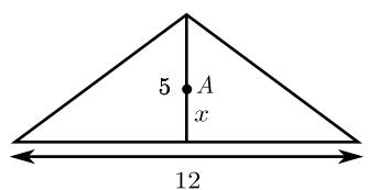 Triángulo isósceles con base 12, altura 5 y punto A a distancia x de la base.