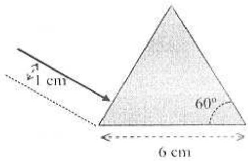 Prisma triangular equilátero de lado 6 cm con un rayo de luz incidiendo a 1 cm del vértice.