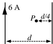 Diagrama de dos hilos paralelos con corriente de 6 A en el izquierdo y punto P a distancia d/4 del derecho