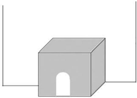 Esquema del cobertizo adosado a la pared de la casa, con dimensiones $x$ (profundidad), $y$ (anchura) y $z$ (altura).
