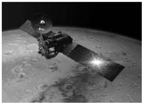 Imagen artística del satélite ExoMars Trace Gas Orbiter en órbita sobre Marte.