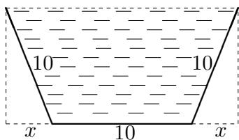 Sección trapezoidal de una canaleta con base 10, costados 10 y proyecciones horizontales x.