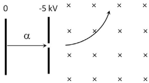 Esquema de aceleración de una partícula alfa entre placas con diferencia de potencial de 5 kV y su posterior entrada en un campo magnético uniforme perpendicular.