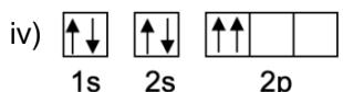 Diagrama orbital iv) mostrando 1s2 2s2 2p2 con espines paralelos en el mismo orbital