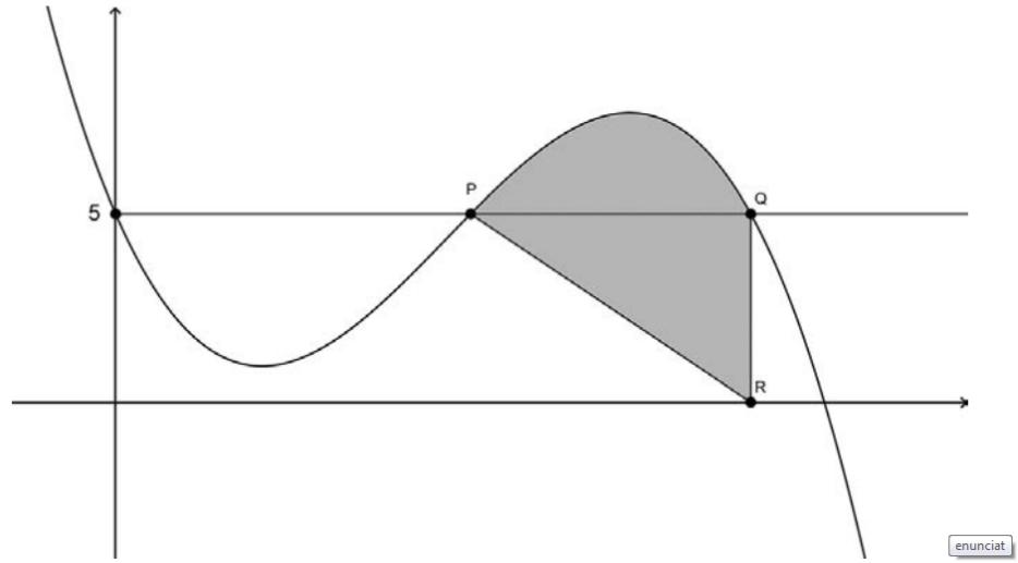 Esbozo del terreno de regadío con la curva $y = f(x)$, los puntos $P$, $Q$, $R$ y la recta $PR$.