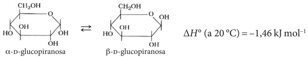 Reacción de equilibrio de mutarrotación entre alfa-D-glucopiranosa y beta-D-glucopiranosa.