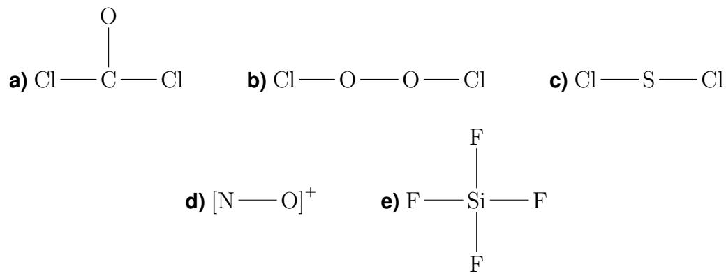 Estructuras químicas para representar mediante Lewis: a) fosgeno, b) peróxido de cloro, c) dicloruro de azufre, d) ion nitrosonio, e) tetrafluoruro de silicio