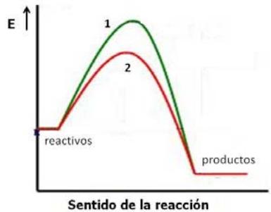 Diagrama de energía frente al sentido de la reacción con dos curvas (1 y 2) que muestran diferentes energías de activación para el paso de reactivos a productos.
