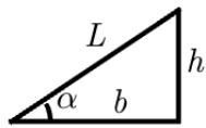 Esquema de una rampa triangular con altura h, base b, longitud L y ángulo alfa.