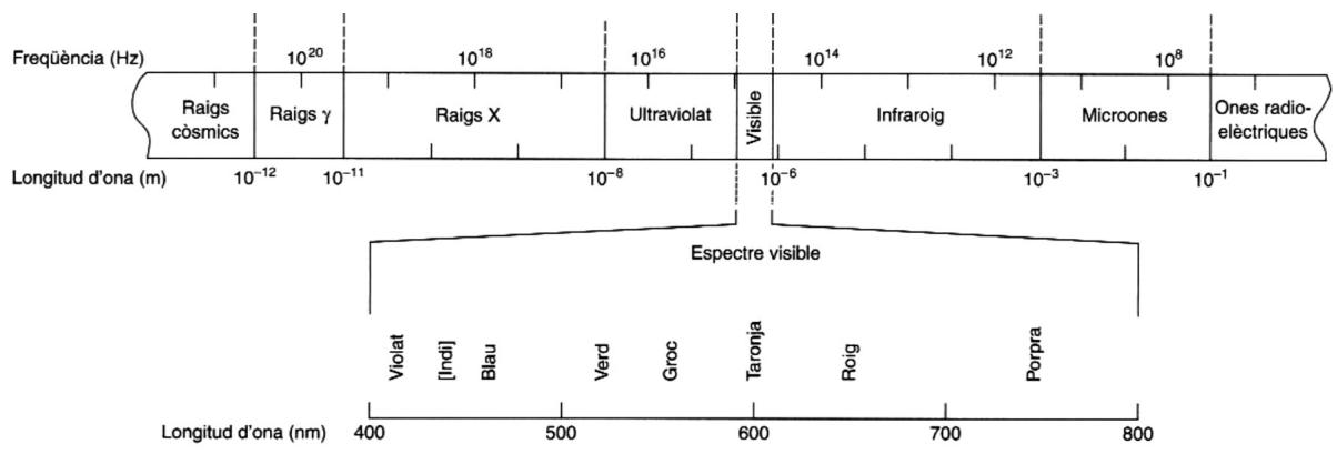 Diagrama del espectro electromagnético mostrando frecuencia (Hz) y longitud de onda (m y nm) con las regiones de rayos gamma, rayos X, ultravioleta, visible, infrarrojo, microondas y ondas radioeléctricas.