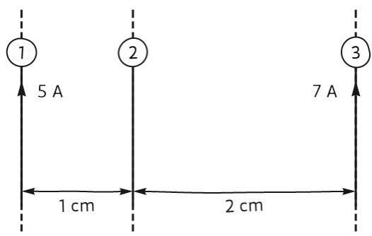 Tres hilos paralelos verticales. Hilo 1 (5 A hacia arriba), Hilo 2 (distancia 1 cm de Hilo 1), Hilo 3 (7 A hacia arriba, distancia 2 cm de Hilo 2).