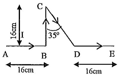 Segmentos de alambre A-B, B-C, C-D y D-E con dimensiones de 16 cm y un ángulo de 35 grados en el vértice C.